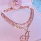 Cursive Heart Initial Cuban Link Necklace in Pink