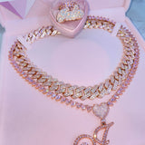 Cursive Initial Heart Tennis Chain Necklace in Pink